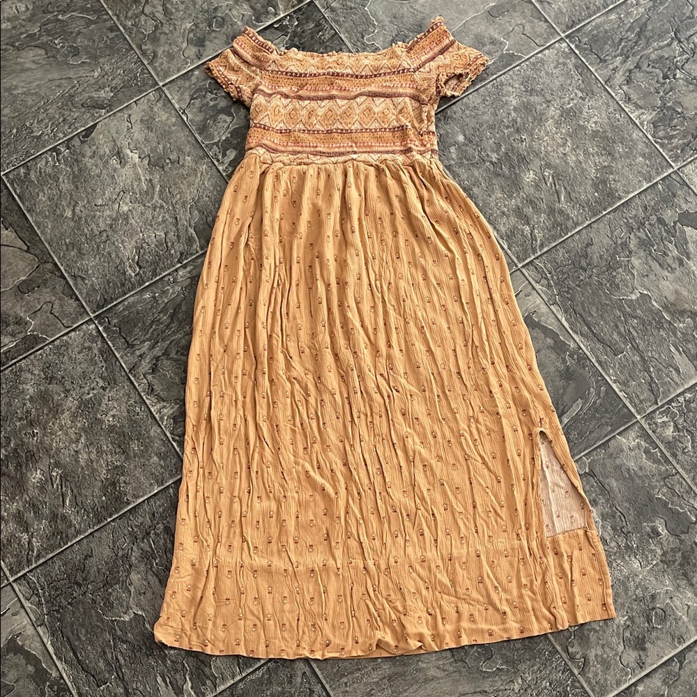 WILD SKYE Boho Off-Shoulder Patterned Maxi Dress Hippie Coquette Milkmaid